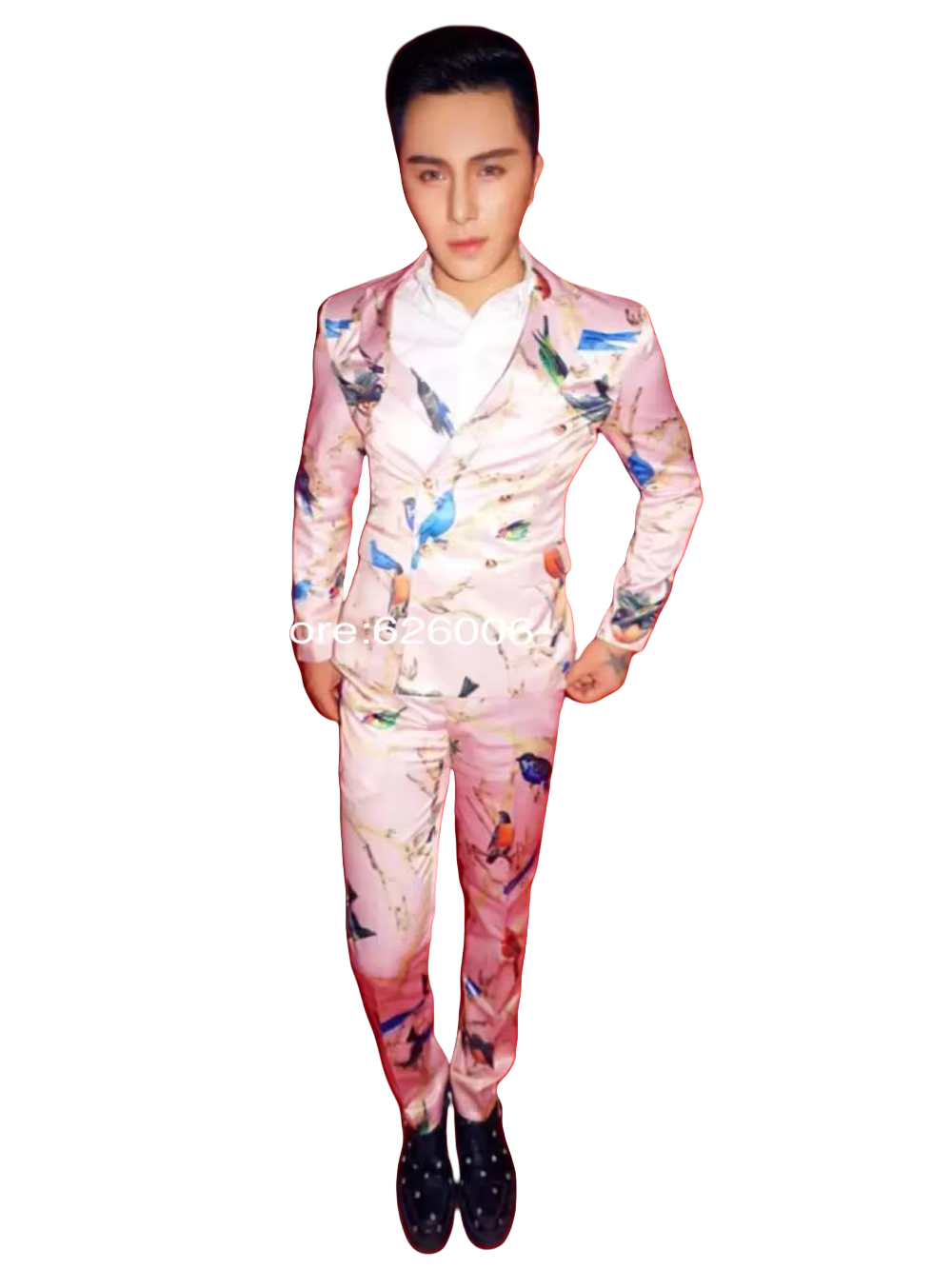 Men Formal Wear Pink - Men's Fashion Flower Pink Birds Print