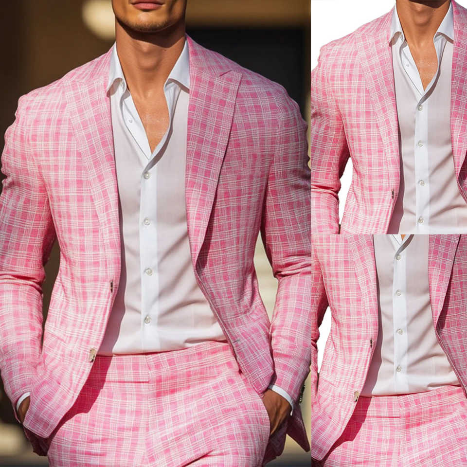 Men Formal Wear Pink - Summer Pink Plaid Mens Tuxedos Peaked