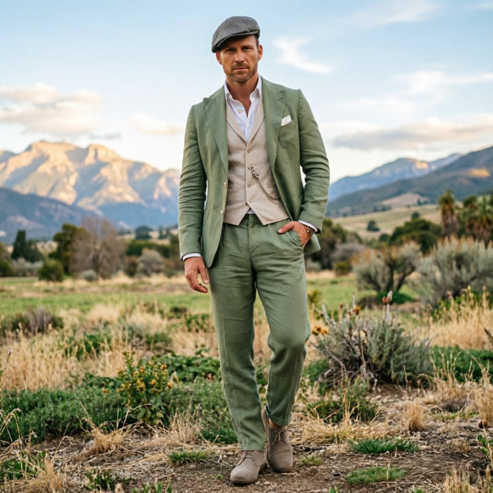 Sage Green Linen Men 3 Piece S - огляд і ціна Men Linen Formal Wear