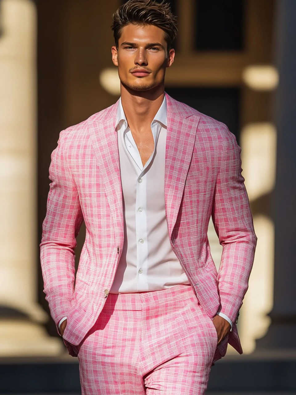Summer Pink Plaid Mens Tuxedos - огляд і ціна Men Formal Wear Pink