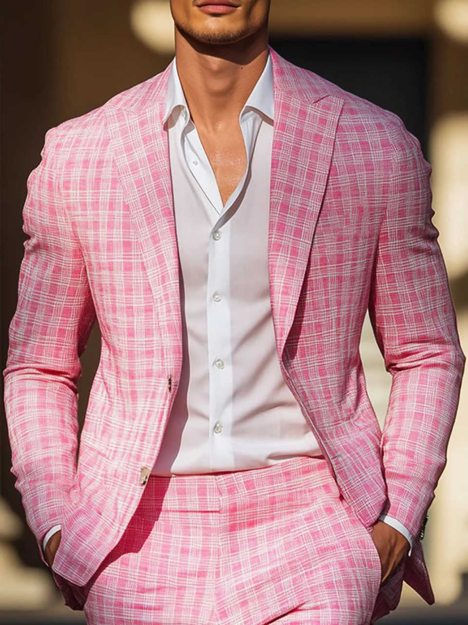 Summer Pink Plaid Mens Tuxedos - огляд і ціна Men Formal Wear Pink